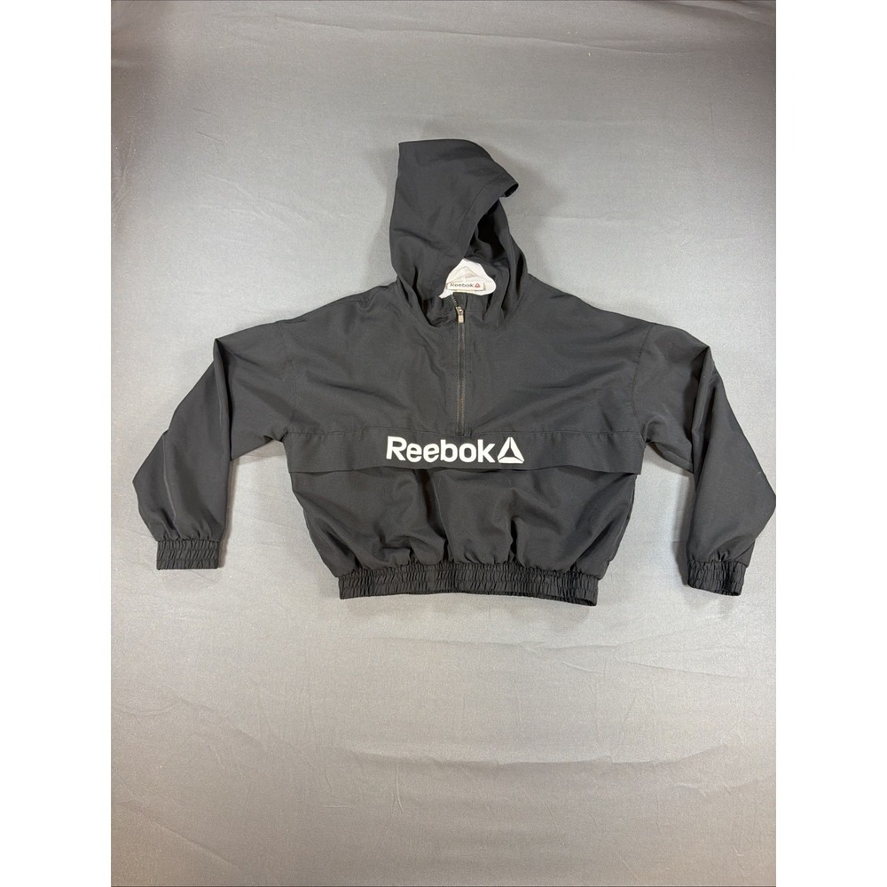 Reebok Anorak Windbreaker Pullover Jacket Half-Zip Hood Black Youth Medium 7/8